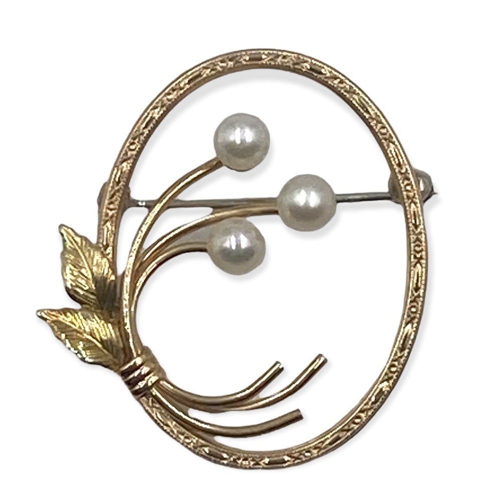 KREMENTZ vintage brooch gold tone floral pearls oval shaped silver toned pin